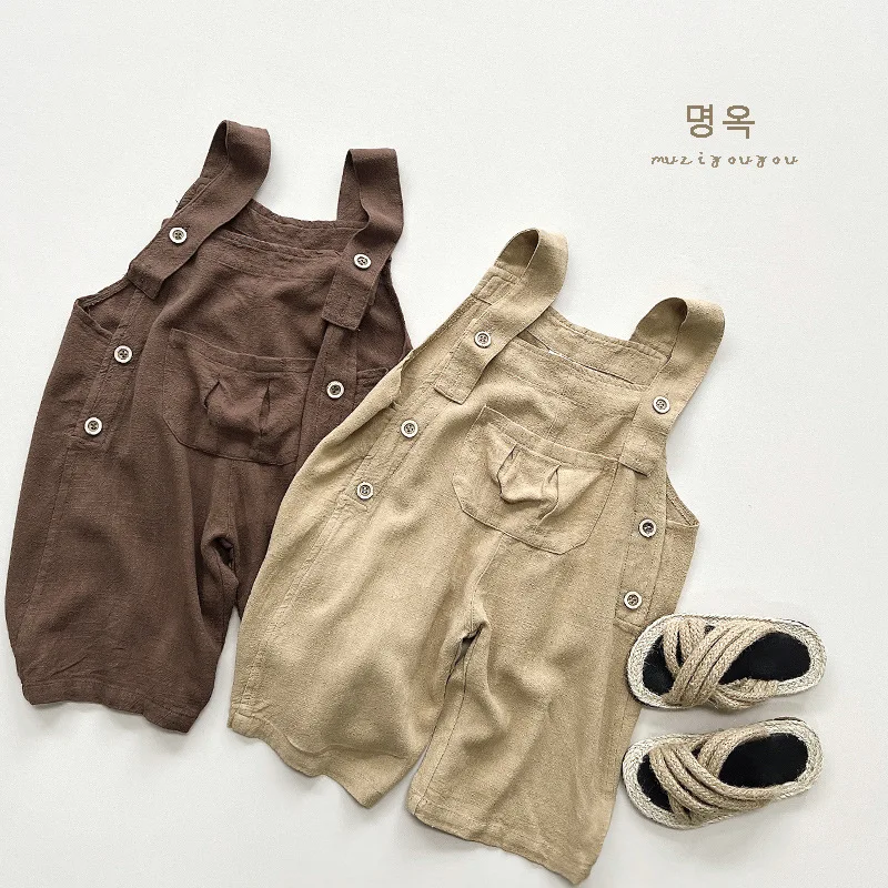 

HZMY-Korean Style~Children's Shake Overalls Summer Linen Cotton Baby Boys and Girls Cropped Pants Mori Style Casual Pants