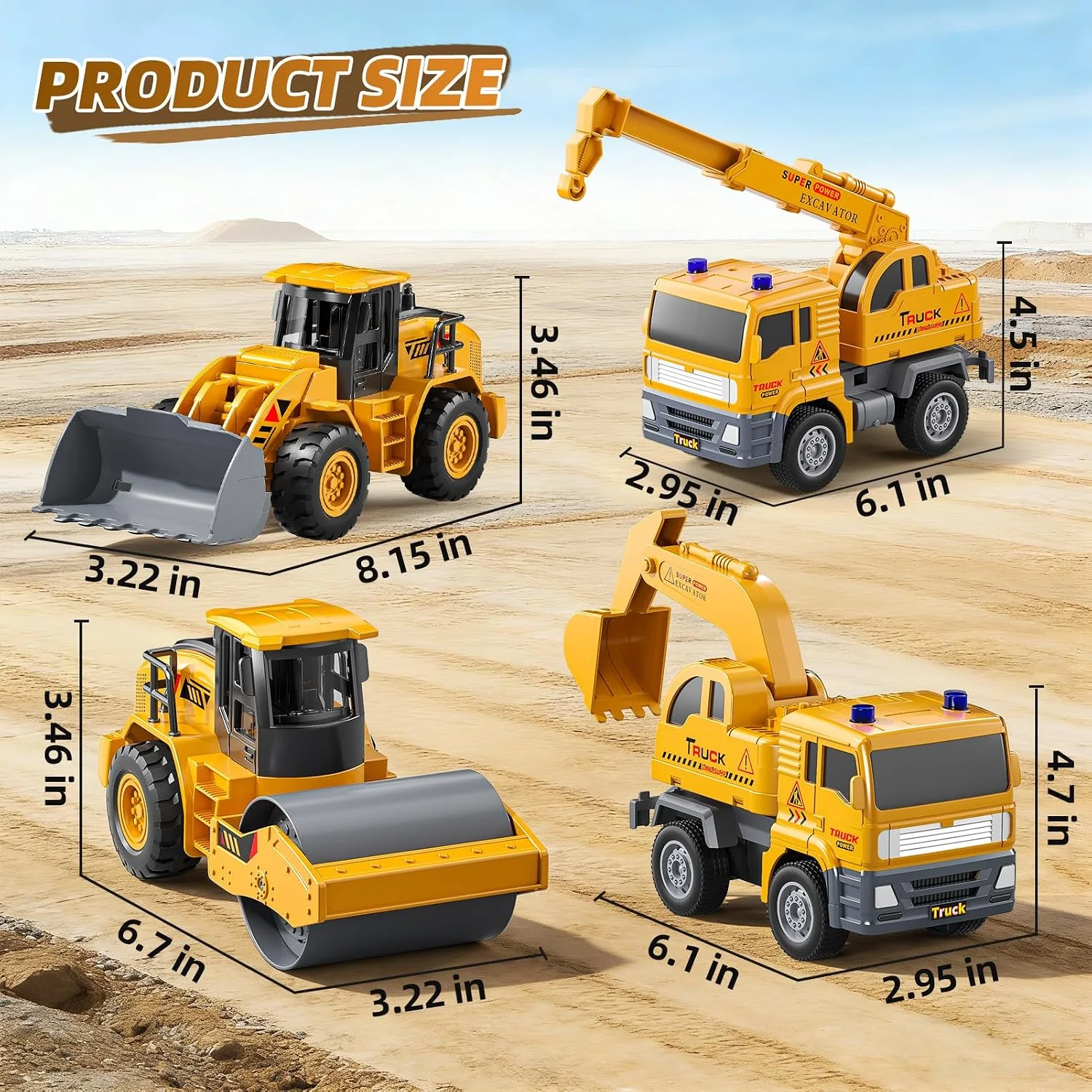 4-Pack Construction Toy Trucks Set - Digger Road Roller Grabber Excavator Power Friction Drive Pull Back Cars for Boys 3-8+ Birt
