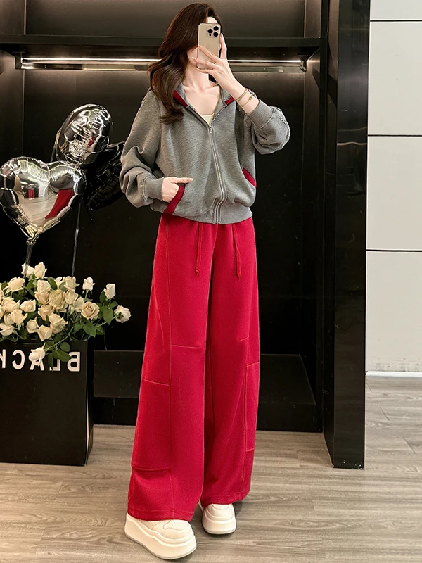 

Chic Grey Jacket Top And Red Wide Leg Pants Two Piece Set Winter Fashion Anti Aging Women's Clothing Korean Style Ensemble