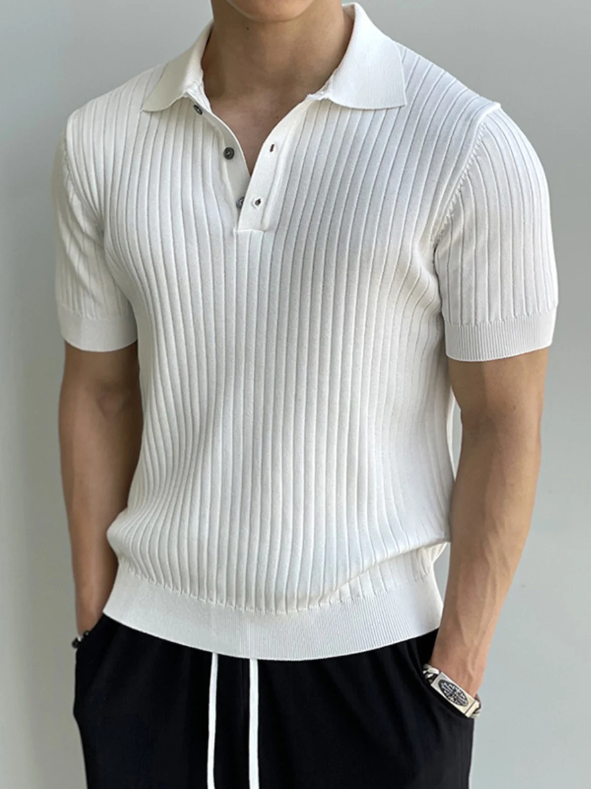 

Knitted ort Sve irt Men's Casual Faion Simple Color Turn-down Collar Korean Sle Summer T-irt