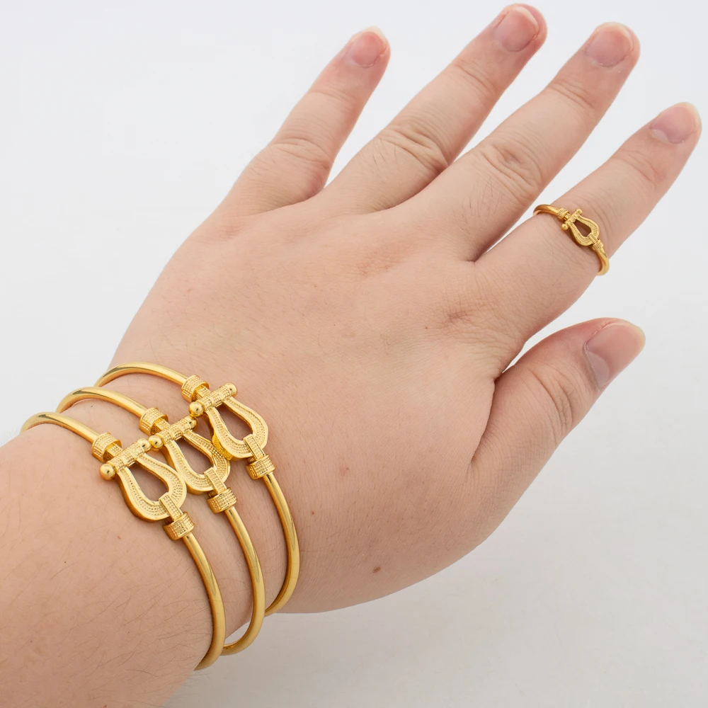 

3PCS Simple Bracelet Ring Set Dubai Gold Color Copper Jewelry Set for Women Horse Hoof Shape Bangles Wedding Jewellery Wholesale