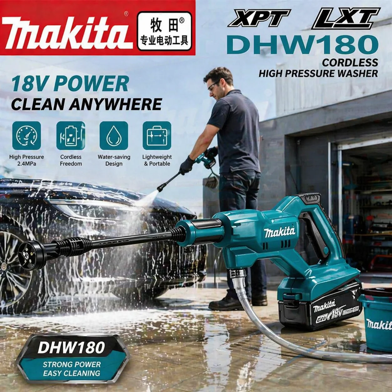 

Makita Battery 18V High Pressure Car Wash Gun Portable Outdoor Cleaning Washer DHW180 with 5 Spray Modes