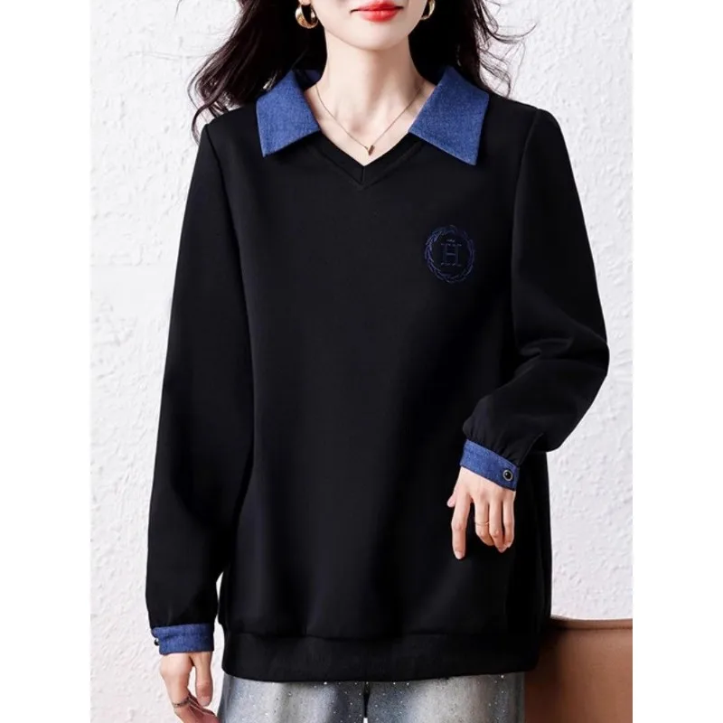 

Spliced temperament Lapel Sweatshirt 2025 Autumn New Style Chic Loose Flesh-covering Long-sleeved Fashion Top