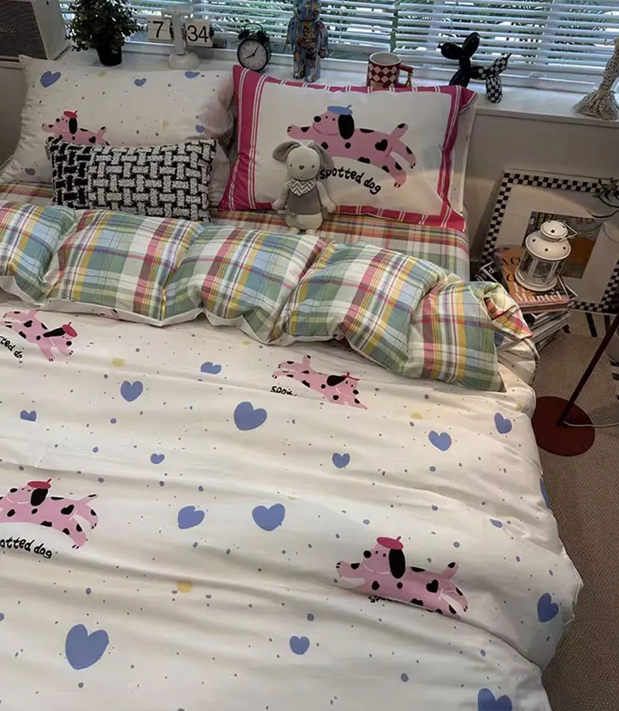 Cute cartoon pink dog heart bedding set 1.2 1.5 1.8,twin full queen lovely cotton home textile bed sheet pillow case quilt cover