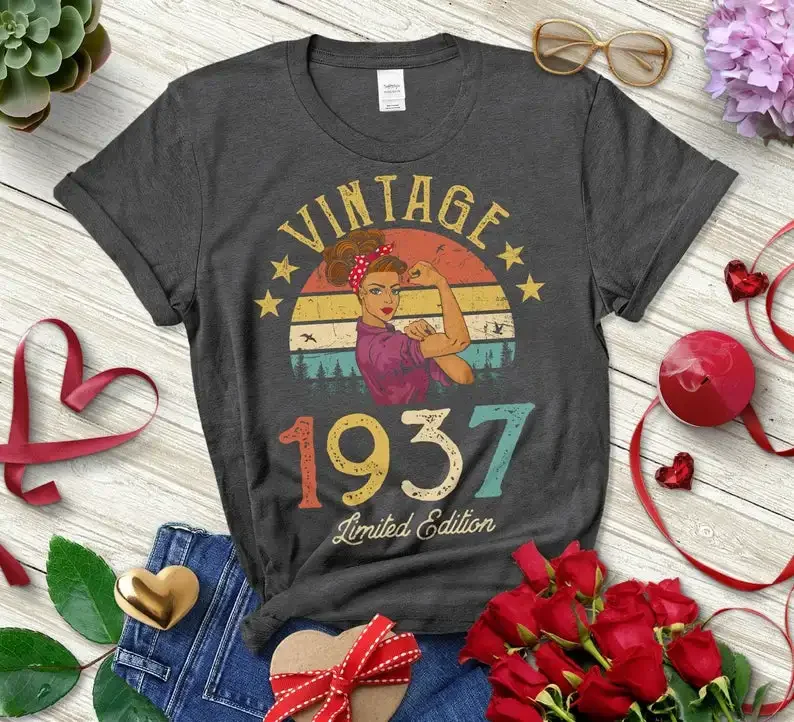 Vintage 1937 Limited Edition Retro  Womens T-Shirt Funny 84th Birthday Gift Party Funny Letter 100%Cotton Short Sleeve Top Tees