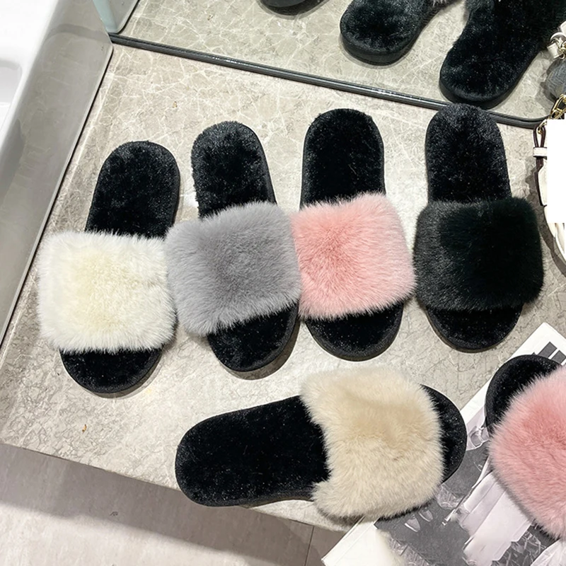 Plush Warm Women Flurry Slippers Fashion Flip Flops Fur Slides Leisure Winter Flat Furry Shoes Female Cozy Warm Footwear