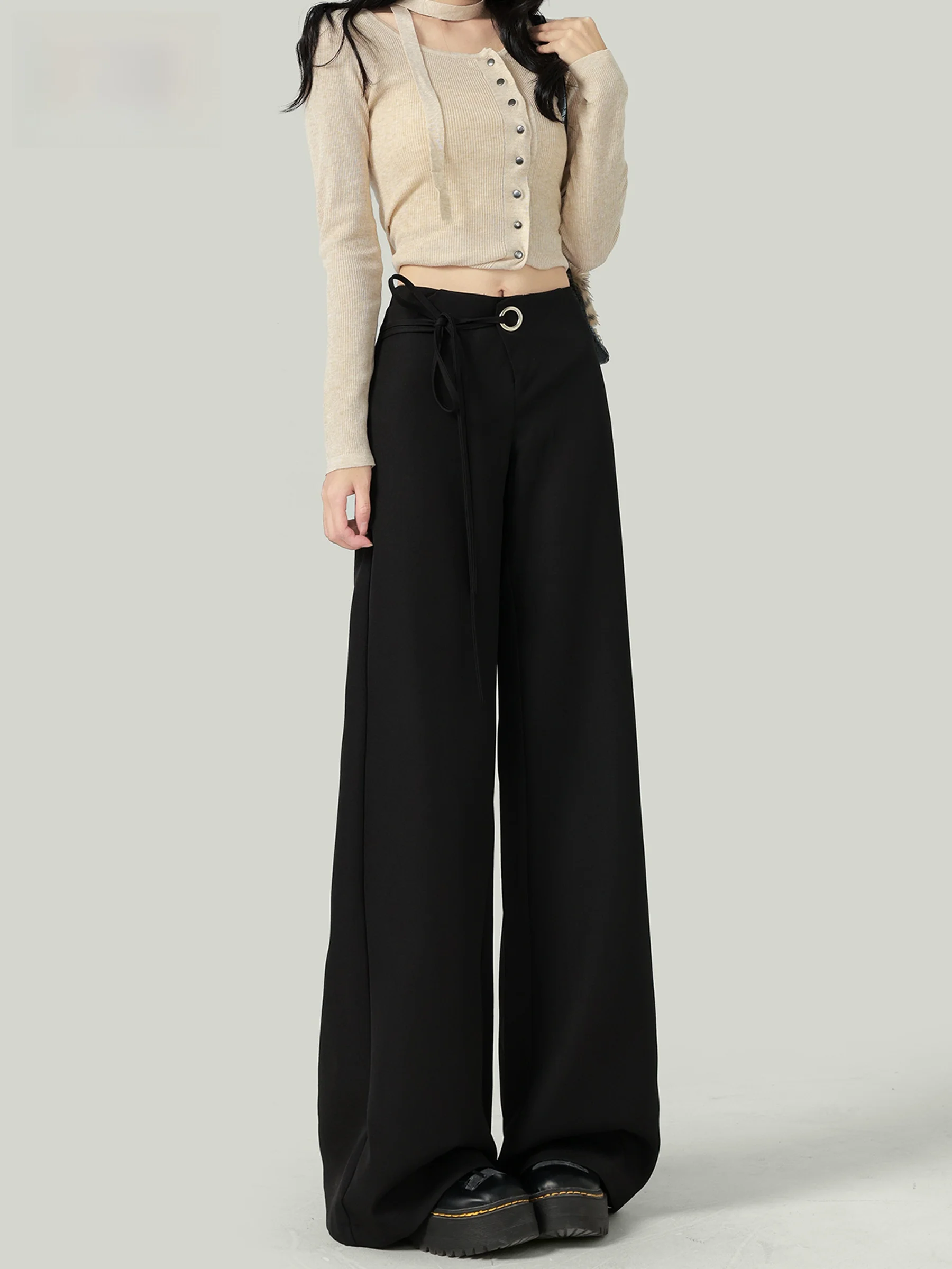 

Элегантные черные брюки-палаццо с низкой талией для женщин, повседневные, осенние, 2026, новый стиль, с поясом, драпированные, в пол