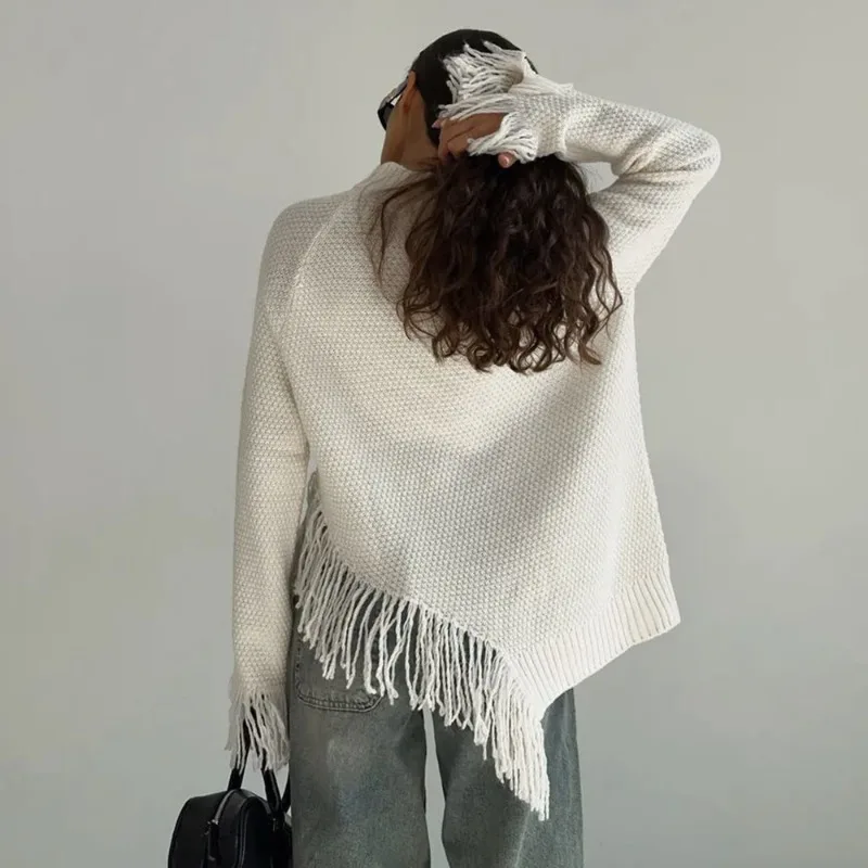 

Half High Collar Irregular Tassel Knit Sweater Loose Pullover Tops Autumn Winter Oversize Jumper Knitwear Women Y2K Punk Vintage