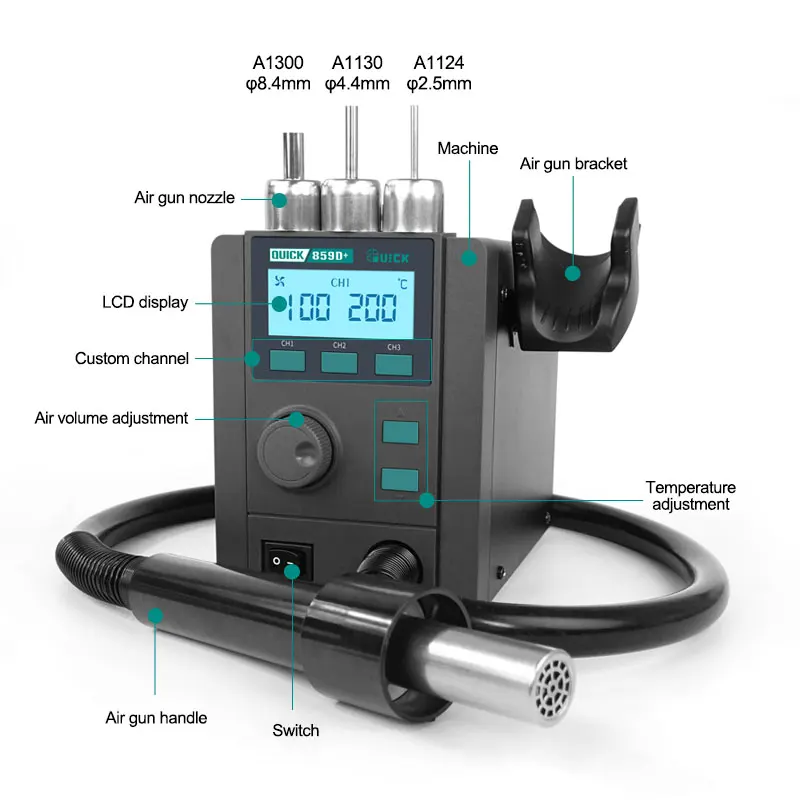 QUICK 859D+Twin-turbo Hot Air SMD Lead free Rework Station For Chip-level Repairs \\PCB \\ Mobile phone Motherboards Repair Tools