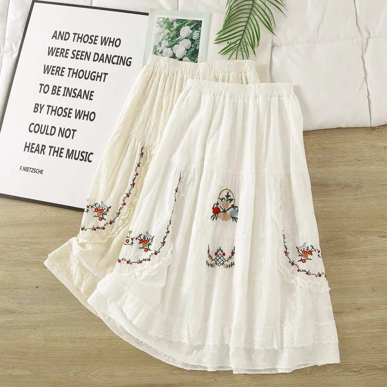 

2026 Women's Floral Embroidered Midi Skirt Elastic Waist A-Line 100% Cotton Skirt Bohemian Lace Ruffle Tiered Casual Skirt
