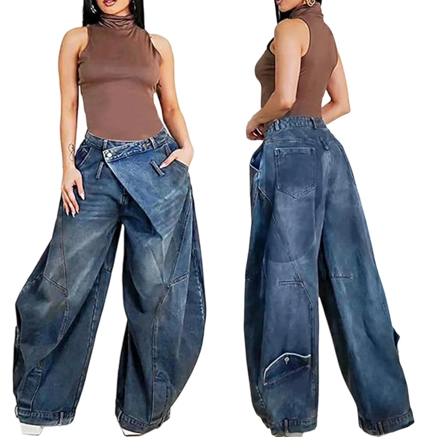 

Denim Pant Women Jeans Vintage Wide Leg Long Pants Loose High Waist Trousers Irregular Y2k Streetwear Splice Casual 2026 Summer