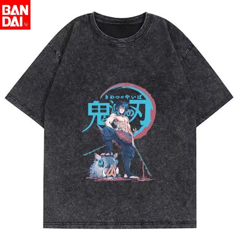 

Футболка мужская оверсайз с принтом «Истребитель демонов: Иноске Хашибира, маска кабана и двойные клинки», винтажный эффект потертости, черная, лето 2026, аниме