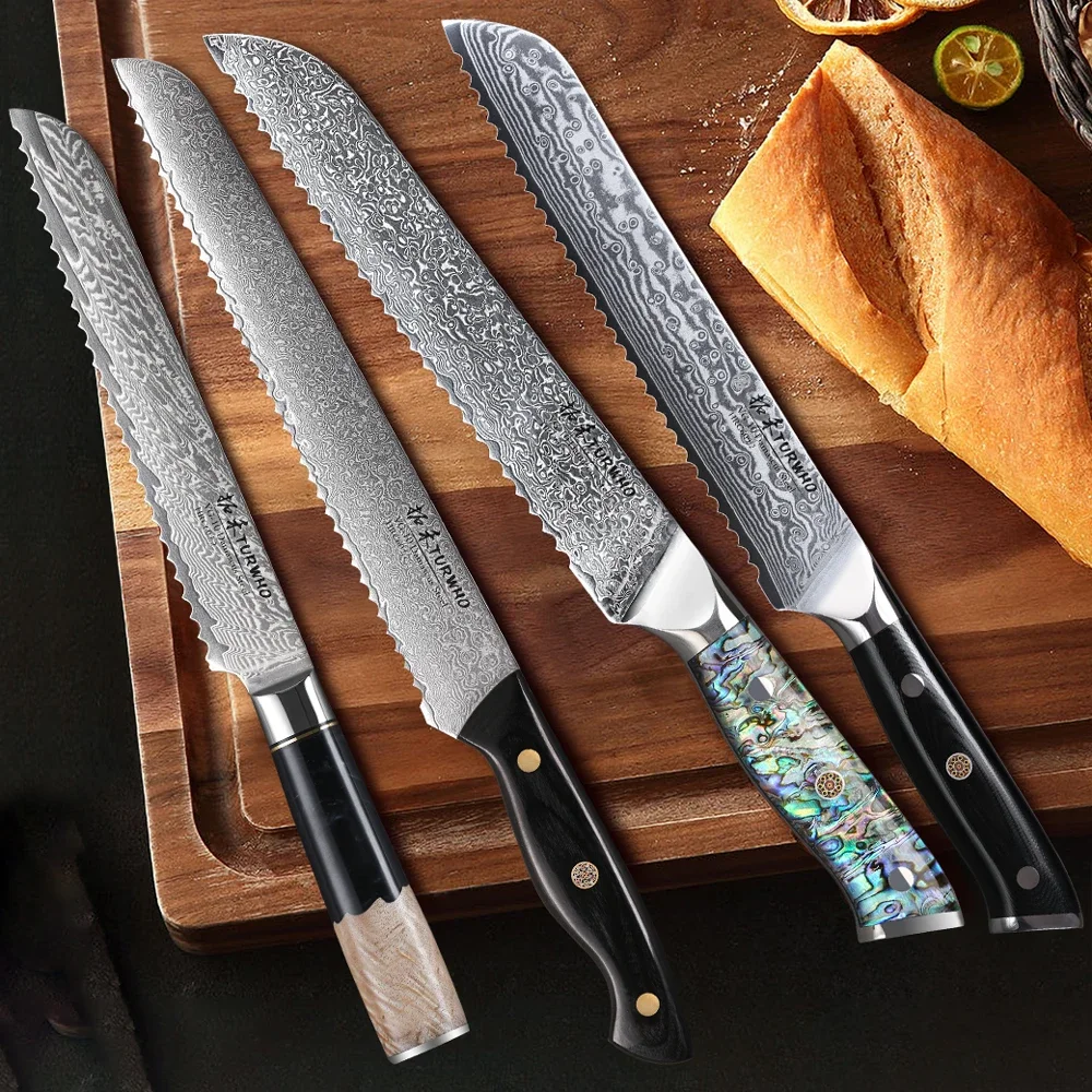 TURWHO Serrated Bread Knife Wave Edge 67 Layer Damascus Steel VG10 Professional Kitchen Chef Knives Cut Ice Cheese Cake Knives