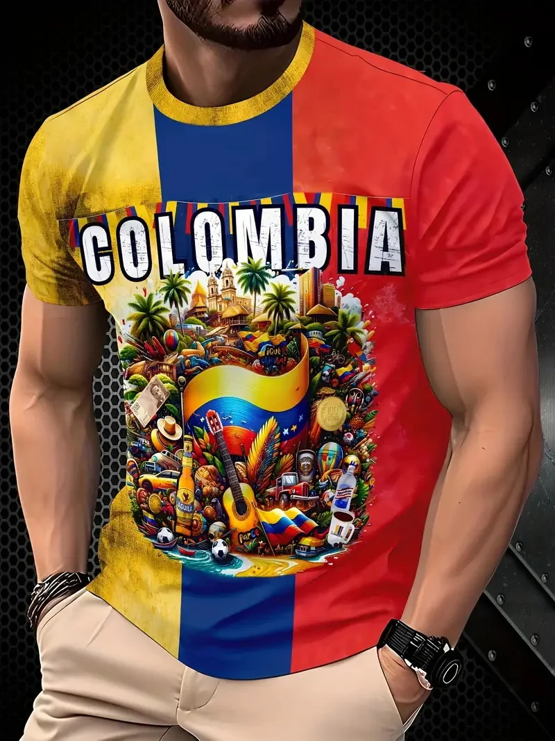 

Full Print Colombia Flag Graphic Tshirts For Men New In Casual Crew Neck Short Sleeve T Shirt Streetwear Men's Oversized Tees