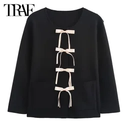 TRAF Women 2024 Black Contrast Cardigan For Women Bow Lace Up Knit Sweater Long Sleeve Big Pockets Outerwears Elegant Cardigan