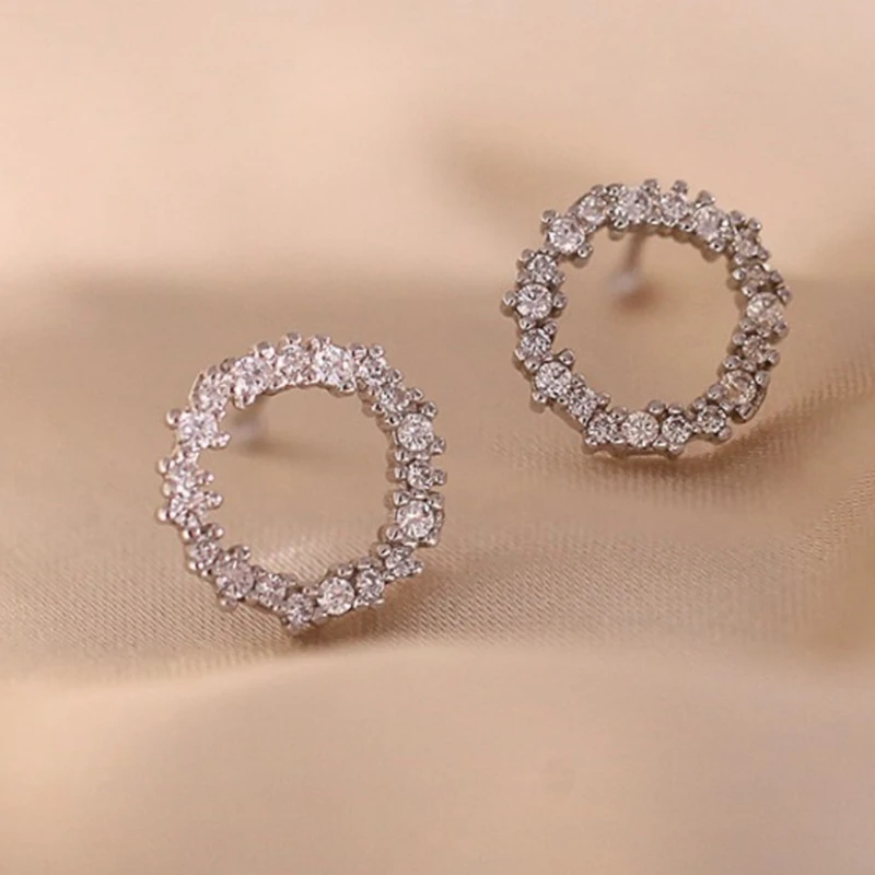 Luxury 925 Sterling Silver Zircon Round Hollow Studs Earrings For Women Trendy Fashion Wedding Fine Jewelry Earstuds Wholesale