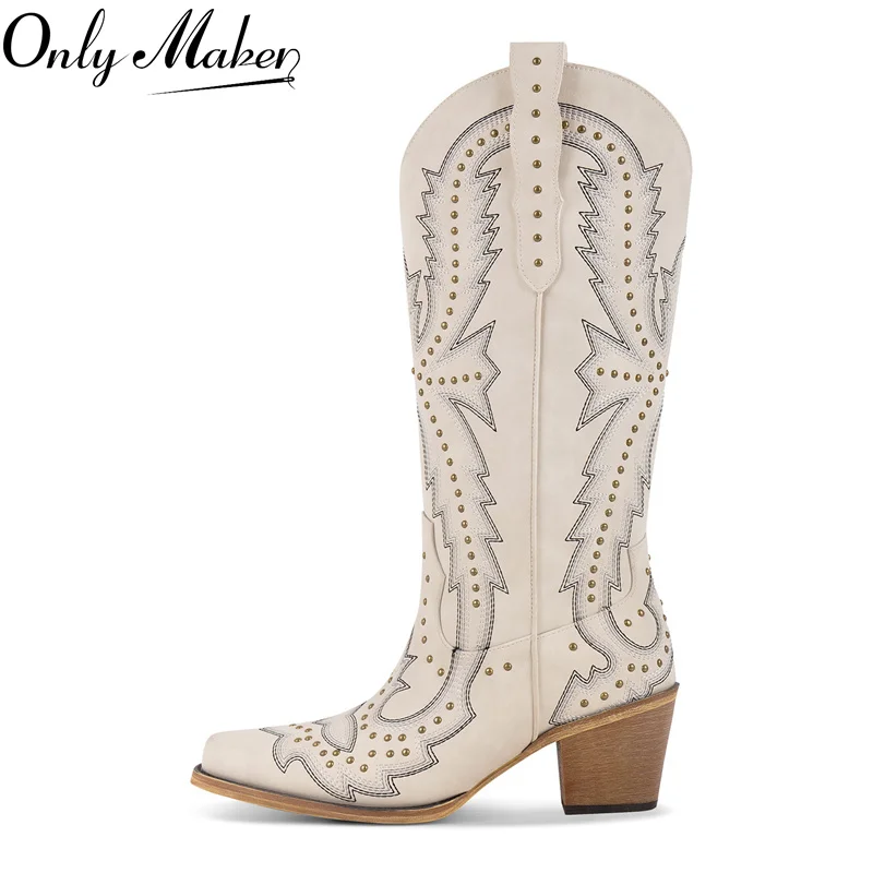 

Onlymaker Women Pointed Toe Mid Calf Pull-on Knee High Cowgirl Boots Comfy Chunky Heel Western Boots