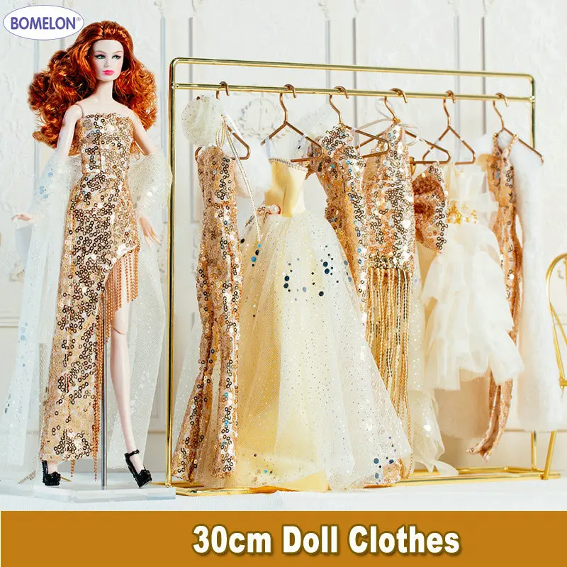 

Fashion 30cm Girls Doll Clothes Gold Sequin Long Dress for Dolls 1/6 Bjd Doll Accessories Toys