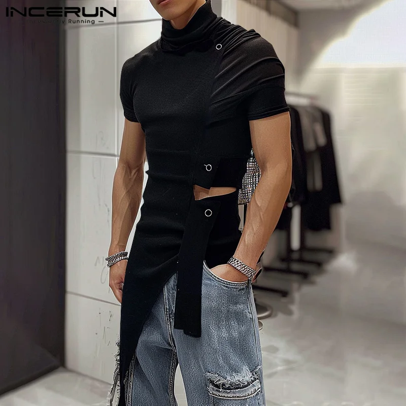 INCERUN Men Irregular T Shirt Solid Turtleneck Short Sleeve Pleated Casual Men Clothing Summer Streetwear 2024 Fashion Camisetas