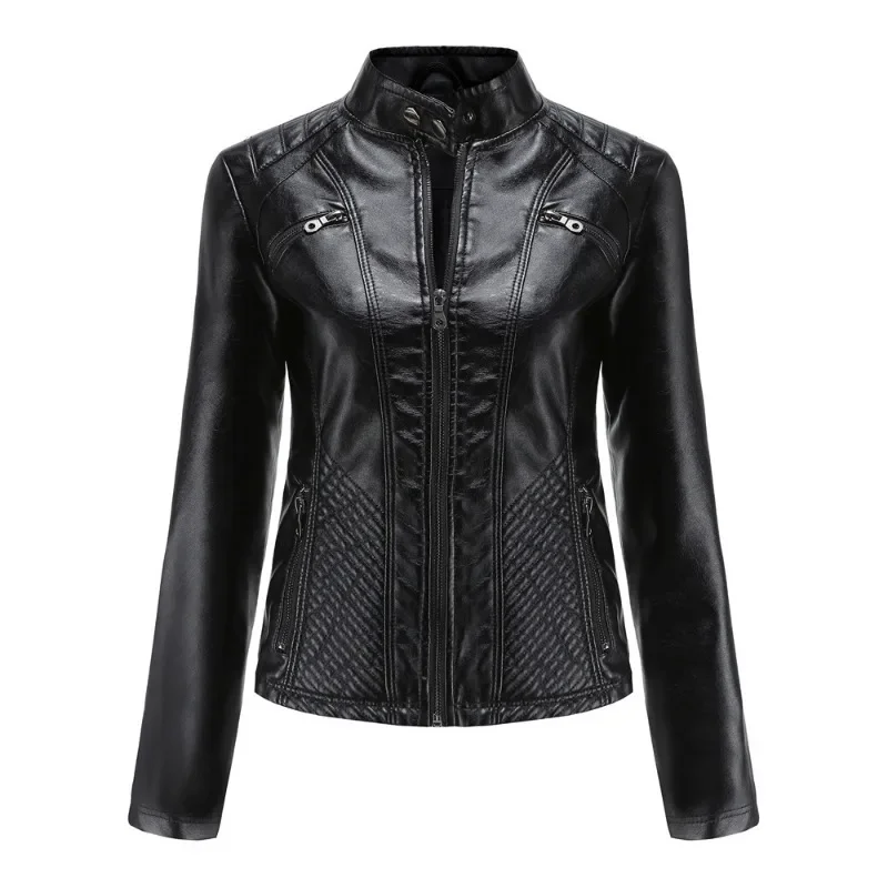 Leather Jacket Women New Women's Casual with Stand Up Collar, European and American Slim Fit Spring and Autumn Solid Color