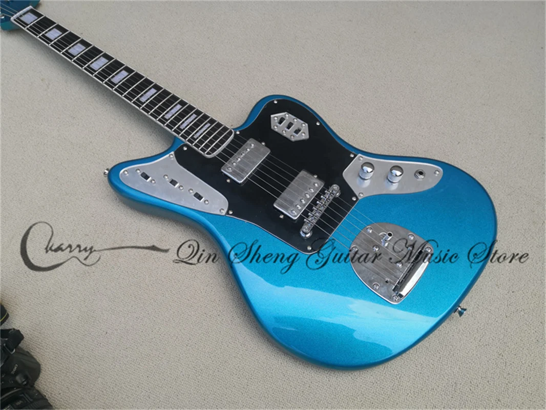 Metal Blue Electric Guitar Basswood Jag Body  Fixed Bridge Rosewood Fingerboard Pearl Inlay Maple Neck Vintage Tuners