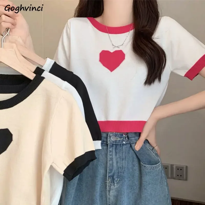 Knitted T-shirts Women 4-colors Girlish Love Leisure Hotsweet Patchwork Summer Fashion All-match Korean Style O-neck Harajuku