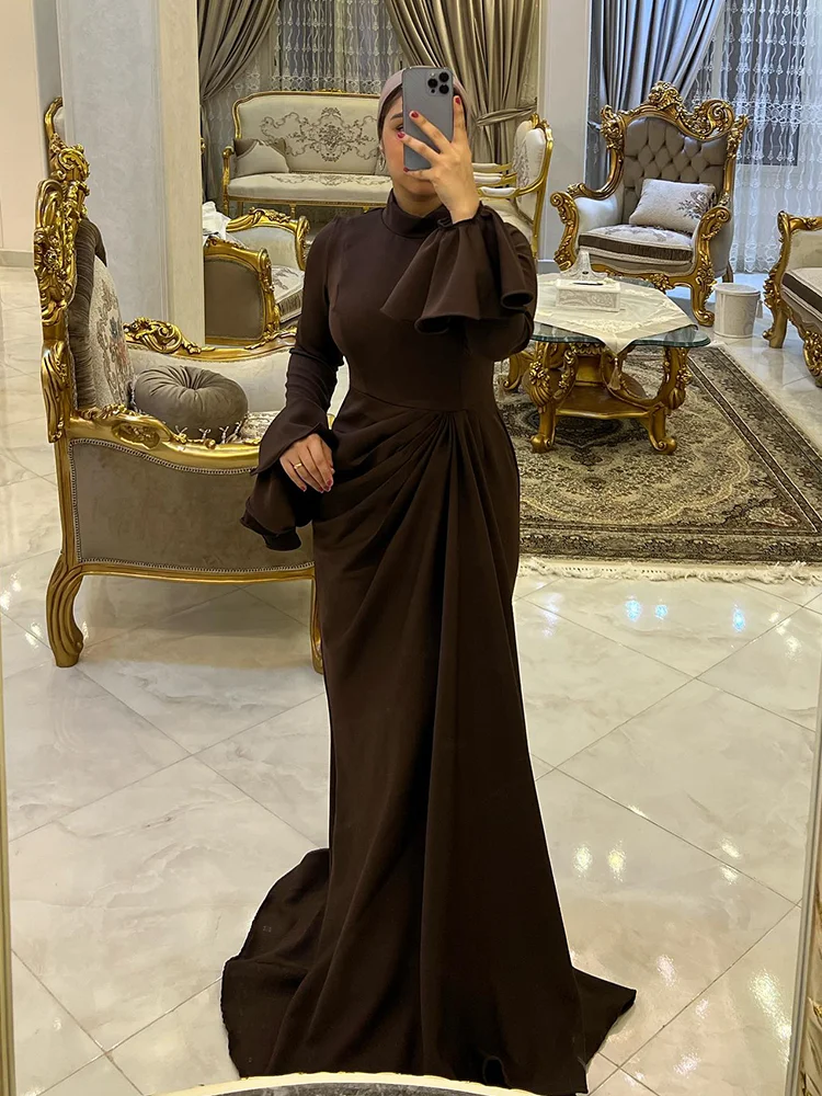 Aenyrst Elegant Muslim Prom Dress Women\'s High Neck Long Sleeve Party Evening Dresses Floor Length Formal Occasion Gowns 2024