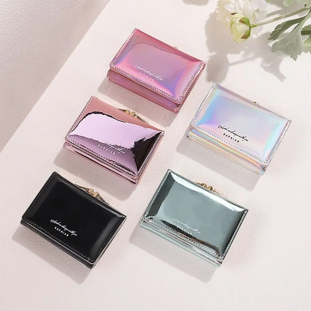 

Multifunctional Multi-card Slot Laser Short Wallet Colorful Small Money Bag Triple Fold Purse Hasp Rainbow Card Holder Women