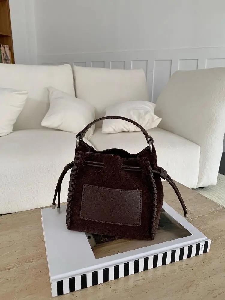 Handmade Women Drawstring Suede Leather Bucket Bag String Shoulder Casual Totes Handbag Cow Patchwork Strap Crossbody Bag Lady