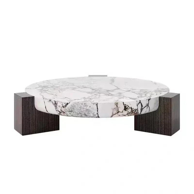 

Italian luxury modern wooden leg round nature marble top coffee table design