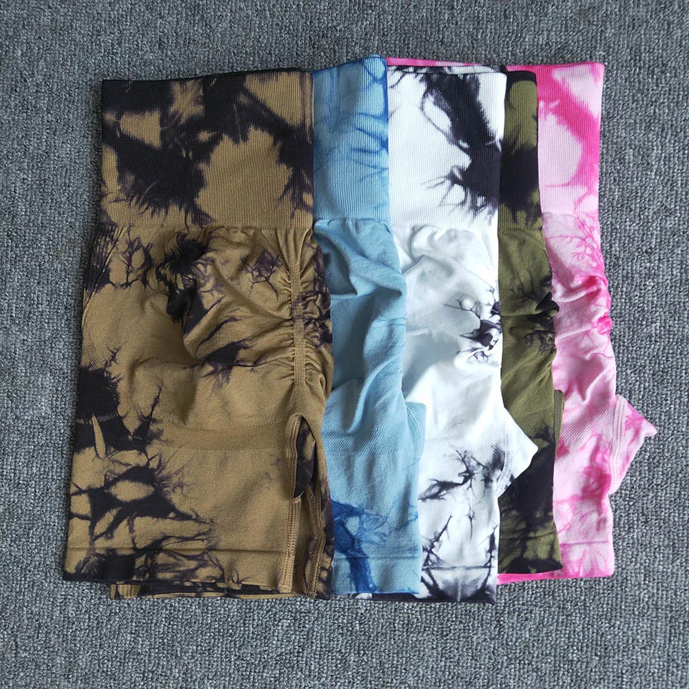 Pantalones cortos deportivos sin costuras Tie Dye para mujer, pantalones cortos elásticos de cintura alta con realce, Control de barriga, gimnasio, Fitness, entrenamiento, Yoga