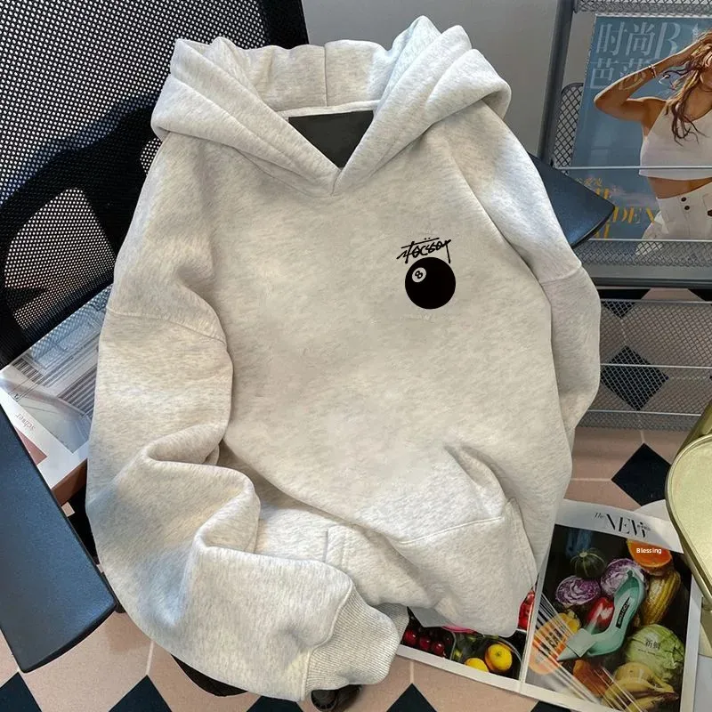 النمط الأمريكي الوزن الثقيل الأسود 8 بركة طباعة هوديي الرجال فضفاض صوف مبطن سترة الأزواج الخريف الشتاء Ins ملابس خارجية