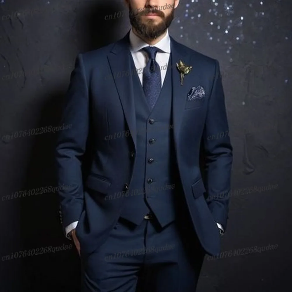 

New Navy Blue Formal Men Suit Wedding Party Groom Suits Groomsman Male Tuxedos Bridegroom Costume 3 Piece Set Blazer Vest Pants