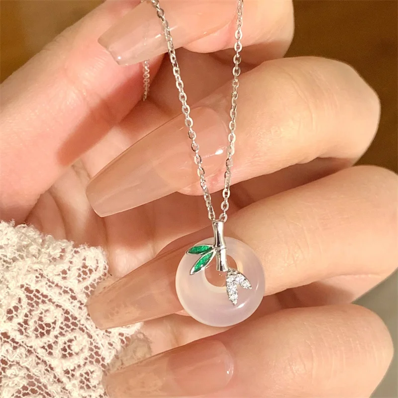 Silver Color Ancient Style Bamboo Leaf Peace Buckle Necklace For Women Clavicle Chain Micro Inlaid Zircon Pendant Neck Chain