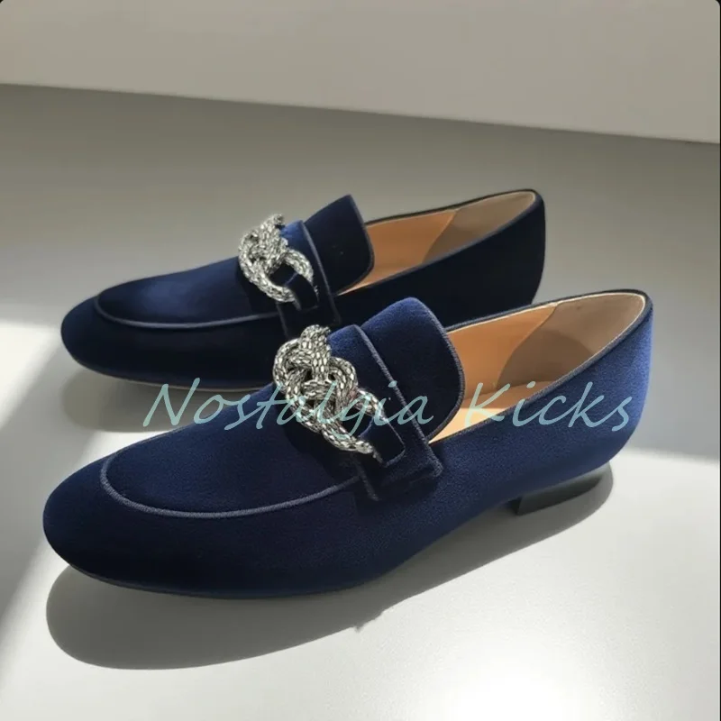 

New Arrival Men's Blue Velvet Loafers Silver Braid Chain Detail Slip On Dress Shoes Comfortable Soft Bottom Casual Footwear
