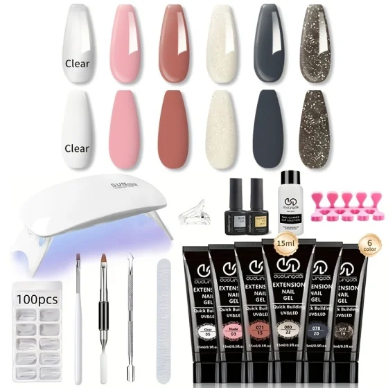 

Poly Nail Gel Kit 6 Colors with Lamp Nail Extension Gel Kit Nude Clear Pink Natural Complete for Beginner Thickening Solutions