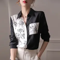 Casual Chinese Style Printed Blouse Female Clothing Asymmetrical Patchwork Spring Autumn Stylish Pockets Single-breasted Shirt