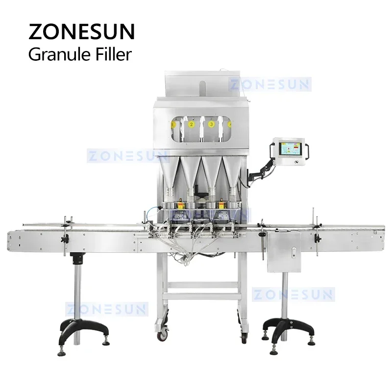 Zonesun pesador automático de enchimento de grânulos, 4 cabeças, nozes, feijão, sementes de grãos, garrafas de partículas, máquina de enchimento de pesagem ZS-GW4
