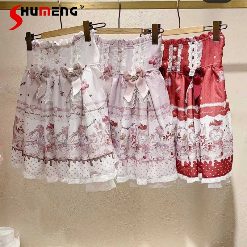 

Japanese Style Liz Cute Sweet Girls Pink Skirt Women's Elastic Waist Bow Rhinestone Short Skirt Lady Lolita Skirt Autumn 2024