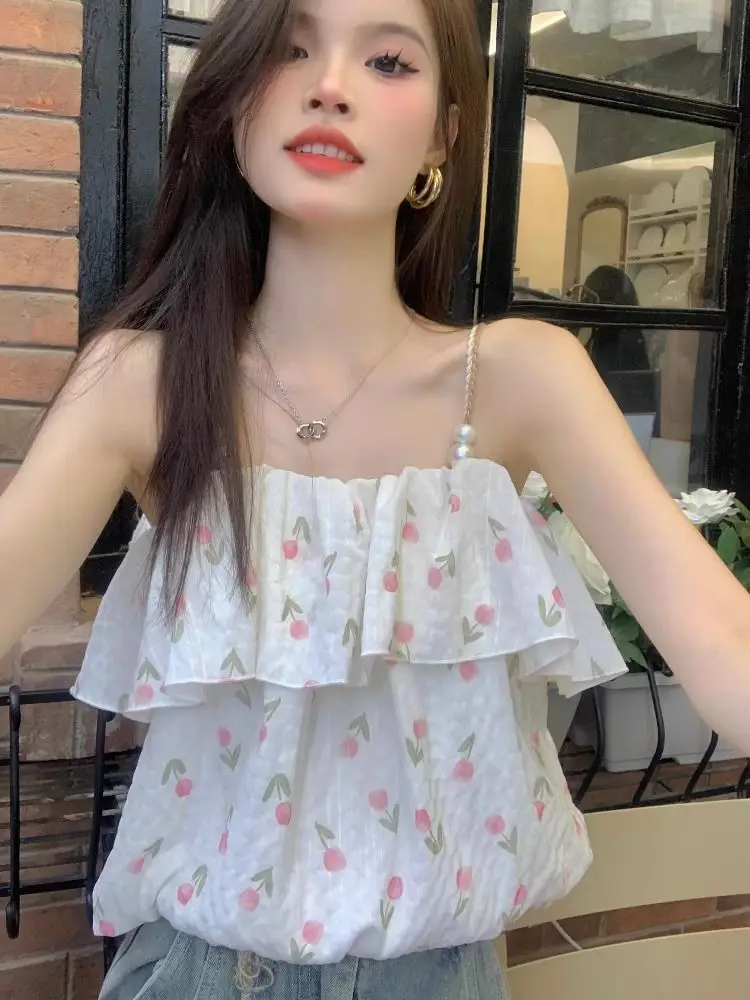 

Summer Sweet Cherry Print Tank Top Women Ruffle Strapless Camisole Loose Fit Cute Kawaii Casual Sleeveless Blouse Girl Outfit