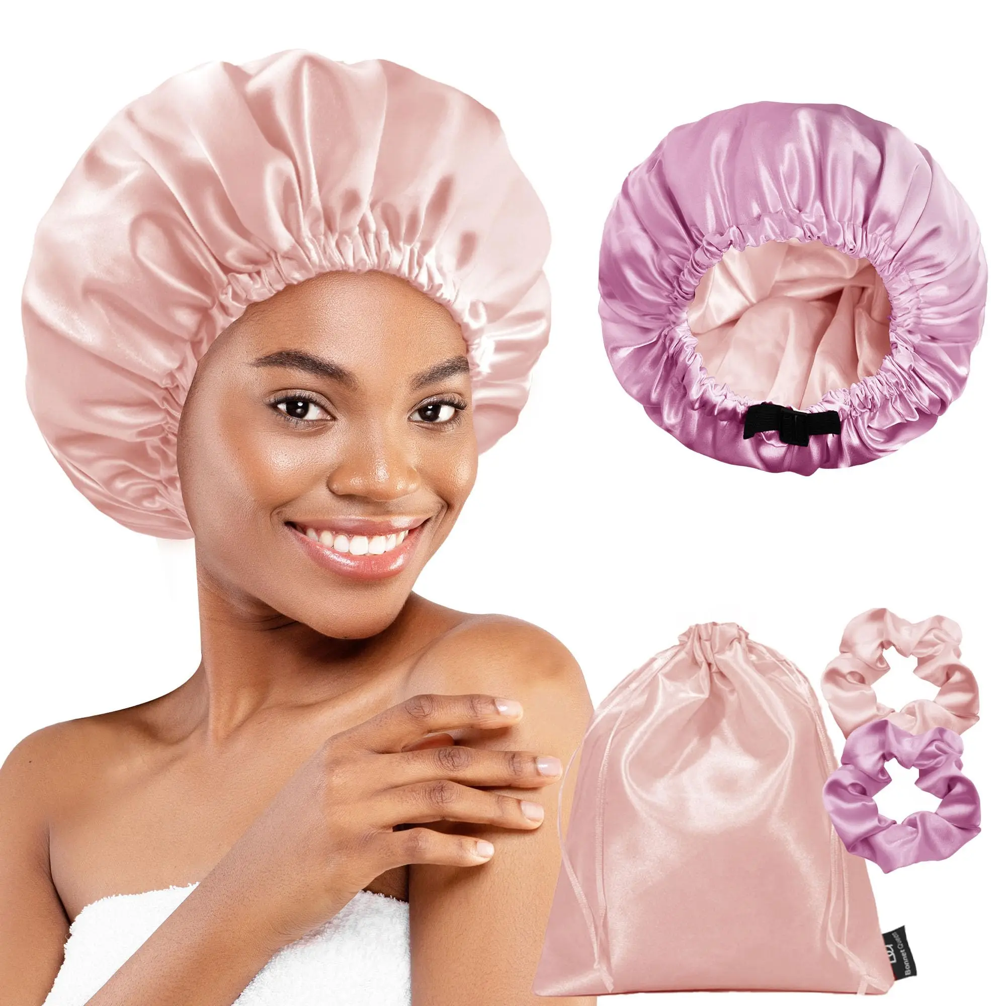 BONNET QUEEN 4 Silk Bonnet for Sleeping Women Satin Double Layer Reversible Hair Curly Night Sleep Cap Items Gift Pack Jade