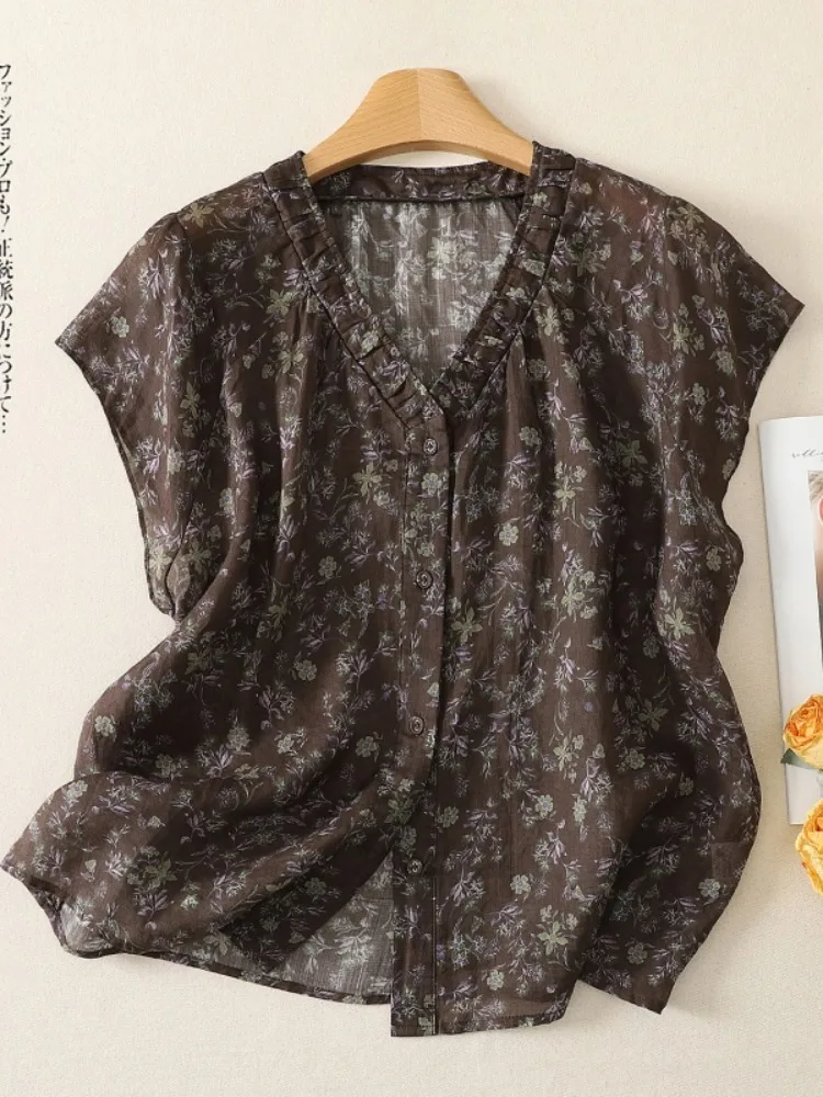 Retro Floral Print Women's Shirt Summer Design Slimming Belly Covering Vest Shoulder Top Thin Fashionable Short Sleeve V-Neck