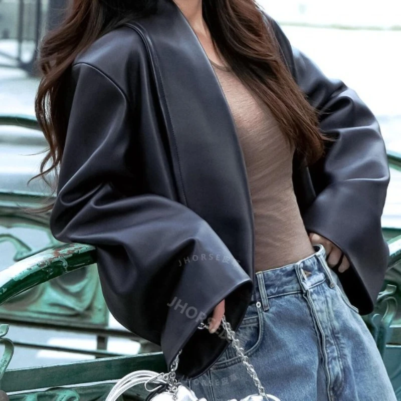 Blouse Jacket Faux Leather Women's Autumn/Winter Fitted Loose Elegant Short New Casual Leisurely Comfortable Niche Distinctive