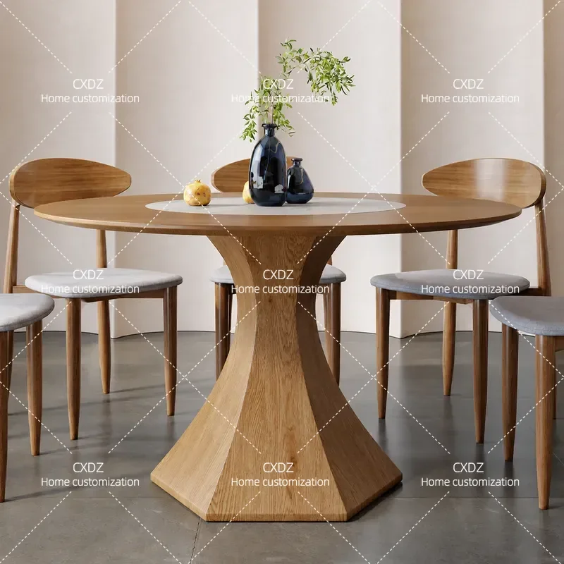 Nordic Style Dining Table and Chair Set Modern Minimalist Solid Wood Kitchen Table with Built-in Turntable for Home Use