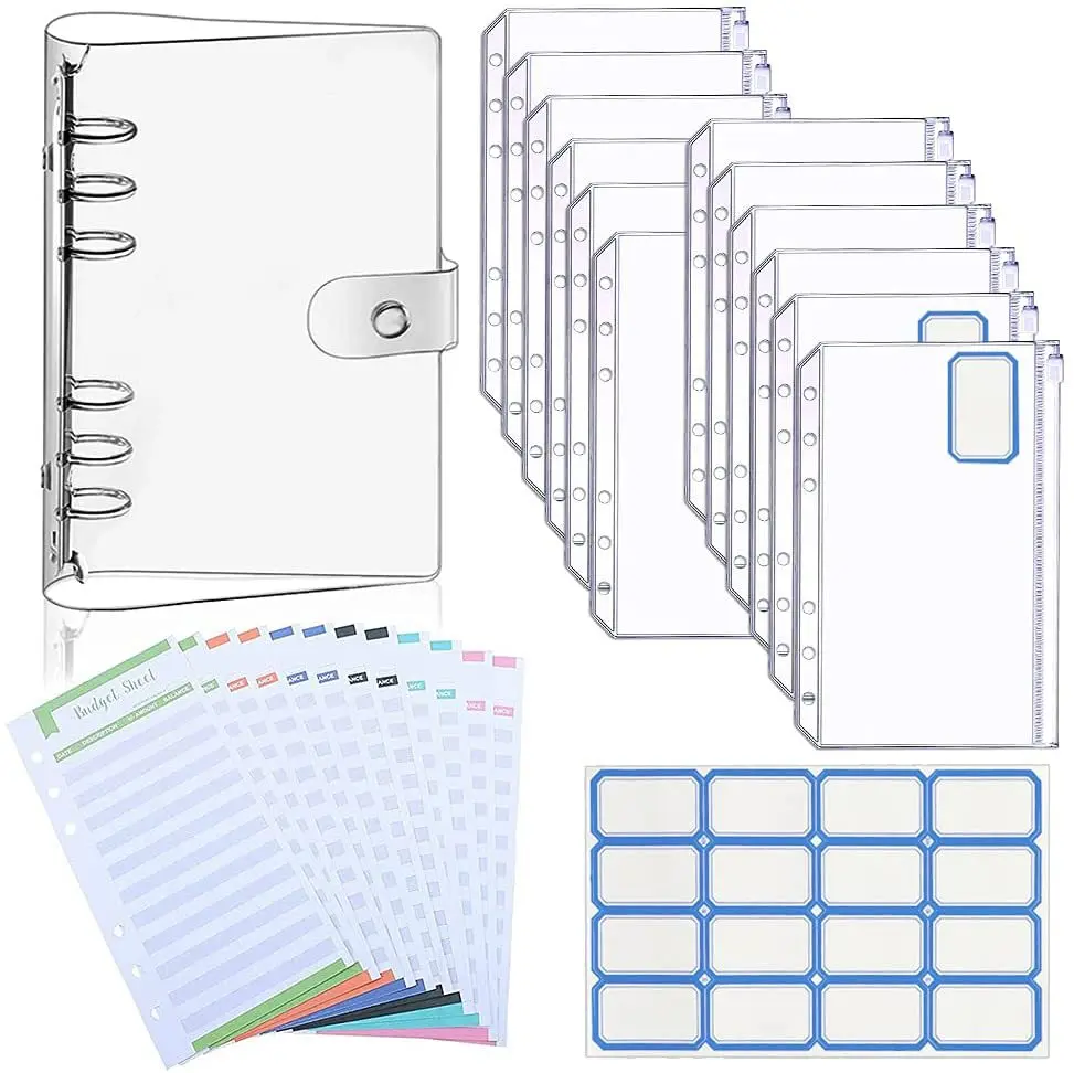 

Portable A6 PVC Budget Binder Looseleaf Folder with 12 Zipper Pockets & Papers 16 Sticky Labels for School Office