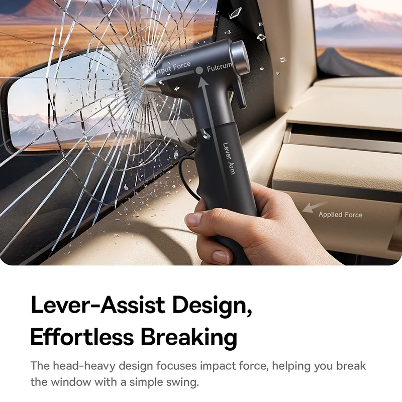 Baseus GoTrip DT2 Car Safety Hammer Tungsten Steel Window Breaker for Laminated Glass Emergency Escape Tool with SeatBelt Cutter view 4