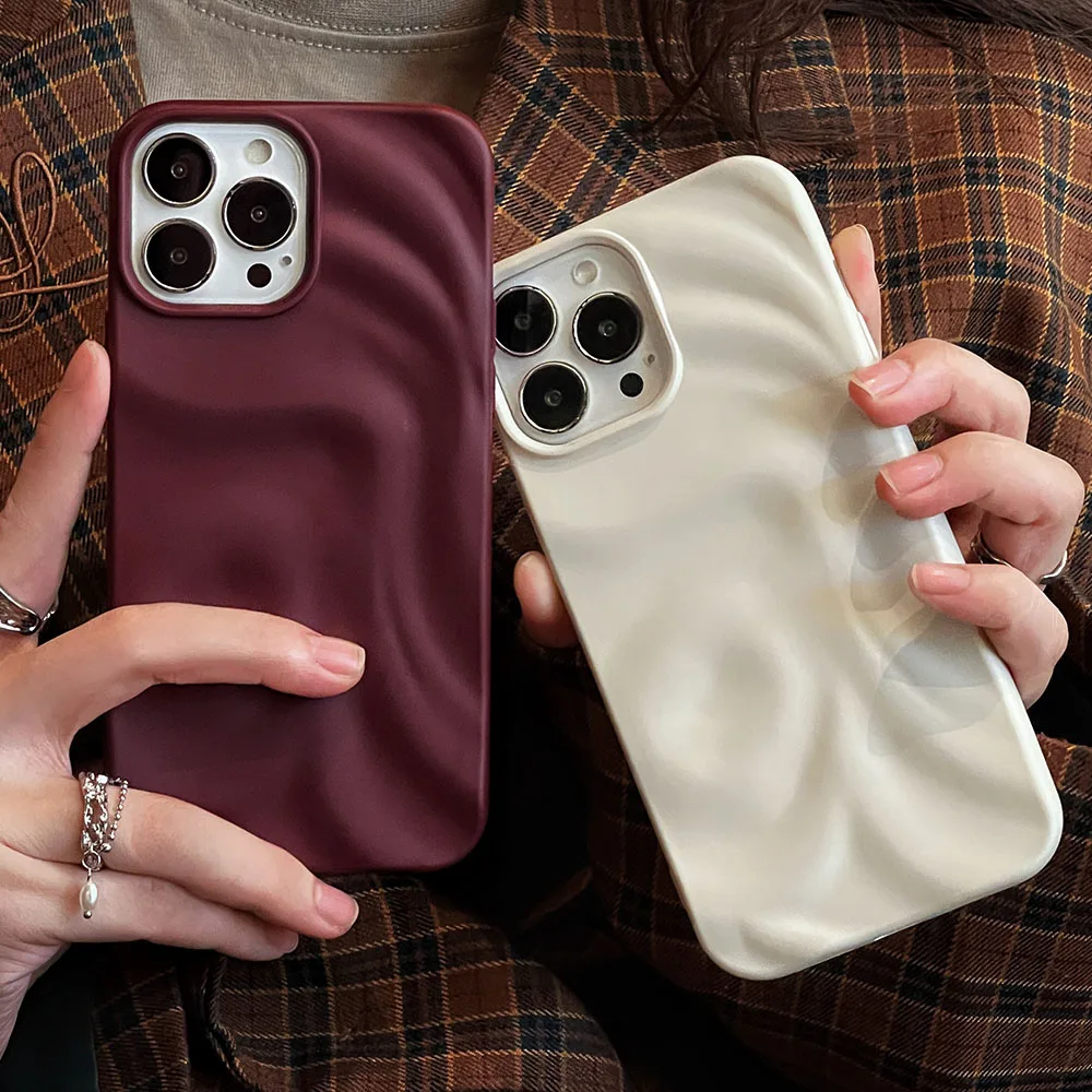 INS Wine Red 3D Water Ripple Soft Silicone Case for iPhone 11 12 13 14 15 Pro Max Folds For iPhone 13Pro Max Shockproof Cover