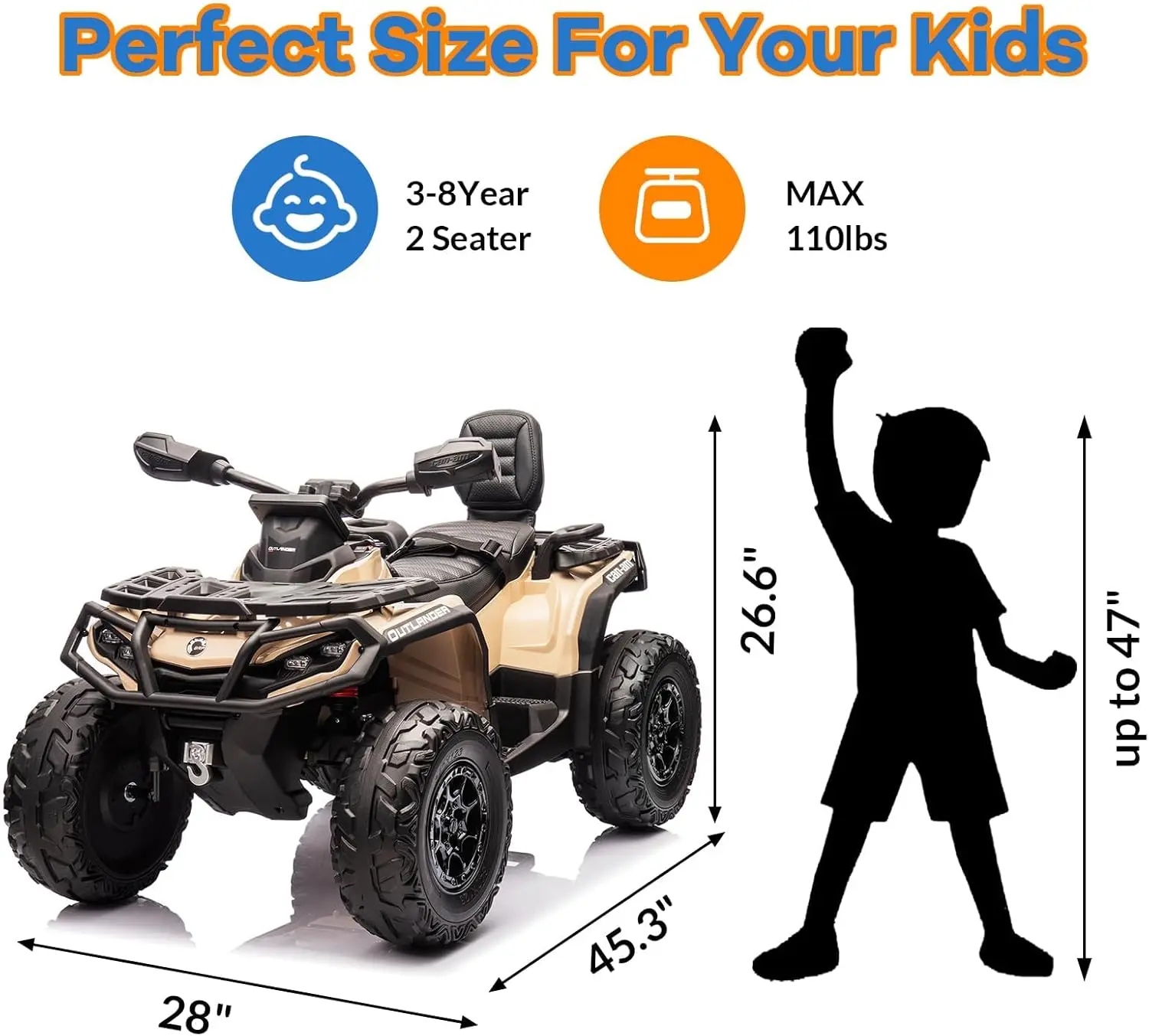 2 Seater Ride On ATV for Kids, 24V Four Wheeler Electric ATV Battery Powered with Leather Seat, Safety Belt Bluetooth 3 Speeds