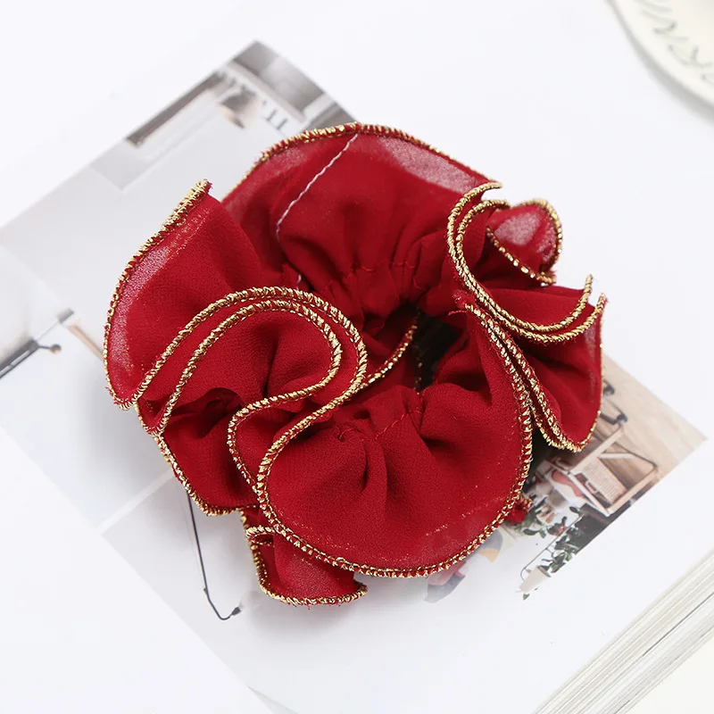 Women Vintage Double Layer Chiffon Hair Ties Handmade Quality Glitter Fabric Scrunchies Hair Bands Stretch Hair Holder