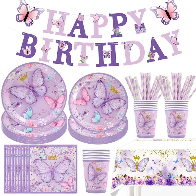 86-teiliges Lila Schmetterling Einweg-Geschirrset Pappteller Becher Servietten für Mädchen Frauen Geburtstagsfeier Babyparty Deko-Zubehör